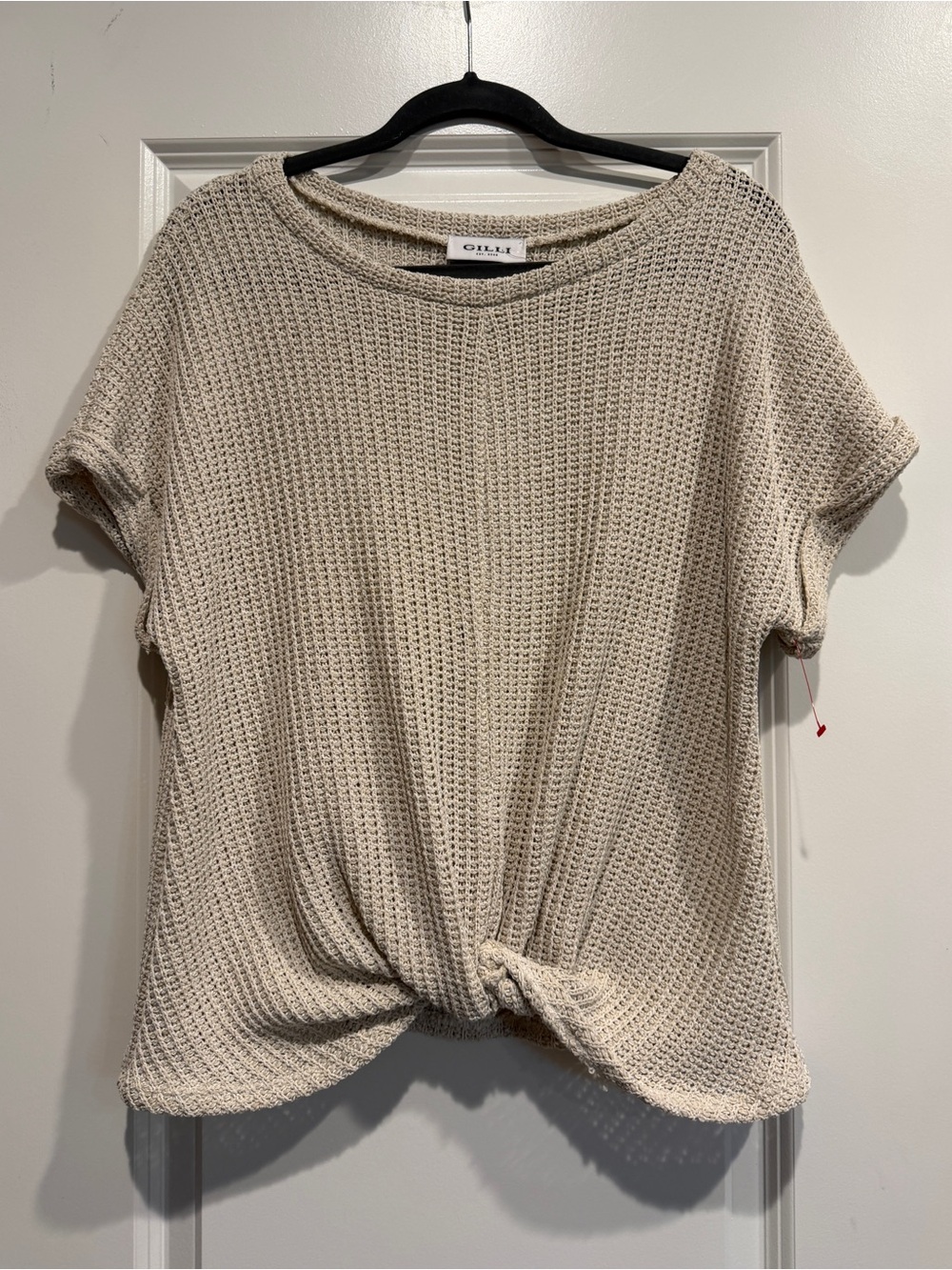 Gilli Cream Waffle Knit Short Sleeve Twist-Hem Top